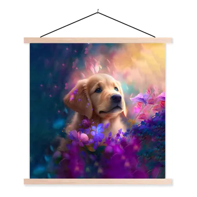 Produktbild von MuchoWow® Textilposter Hund - Welpe - Sonne - Blumen - Golden Retriever 120x120 cm mit holzfarbenen Rahmen - Textil-Poster