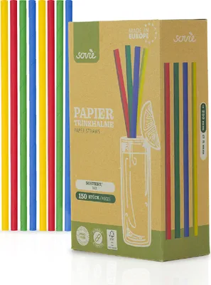 Produktbild von Trinkhalm in Grün Gelb Blau Rot sortiert aus Papier, Ø 8 mm / 23 cm, 150 Stück in Pappkarton