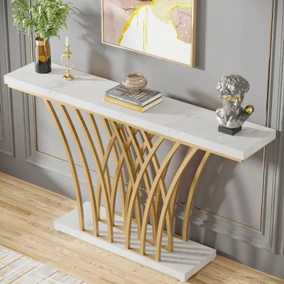 Obrázok produktu pre Konzolový stolík – stolík do predsiene – 150 x 30 x 80 cm – kovová mriežková konštrukcia – obdĺžnikový – železný rám – bez zásuviek – biela/zlatá