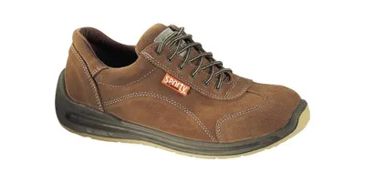 A brown leather safety shoe is shown against a white background.