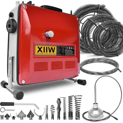 A red and gray pipe cleaning machine with various attachments and coiled pipes displayed against a white background.