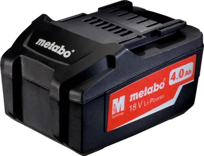 A black Metabo 18V 4.0 Ah Li-Power battery pack is shown against a white background.