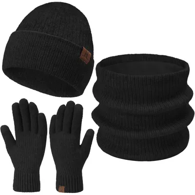 Productafbeelding van Beanie muts en sjaal set, 3-delig, zwart, uni, gebreid, met fluweelvoering
