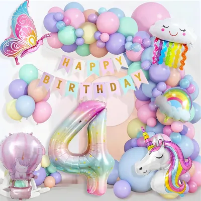 Produktbild von Geburtstagsdeko Set, Einhorn Ballons, 4 Jahre Mädchen, Folien- und Latexballons, Bunte Dekoration