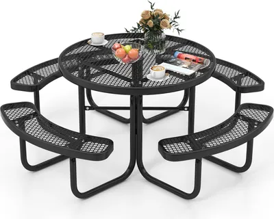Produktbild von COSTWAY Sitzgarnitur für 8 Personen, Picknicktisch mit Schirmloch & 4 Bänken, runder Gartentisch Metall, Gartenmöbel, Sitzgruppe, Schwarz