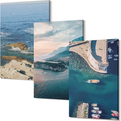 Obrázok produktu pre Foto Na Plátno – Obraz Na Plátne – Fotoplátno – Viacdielne Obrazy – Tlač Fotografii – Rám Z Dreva – Matné Plátno – Nástenné Umenie – Set 3 Kusy – 20x30 Cm Každý – Výhľad na more s útesmi a horskými prístavmi