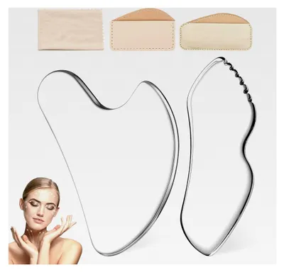 Produktbild von Edelstahl Gua Sha Stein, 2 Stück Gesichtswerkzeug, Gua Sha Massage Tool mit Aufbewahrungstasche und Reinigungstuch, Kieferlinienformer für Gesicht, Augen, Nacken und Körper