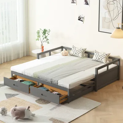 Obrázok produktu pre Flieks Rozkladacia posteľ 90/180x200 cm, rozkladacia pohovka s výsuvným spodným lôžkom, detská posteľ Rozkladacia posteľ pre mladých Drevená posteľ Posteľ pre hostí s lamelovým rámom a zásuvkami, sivá
