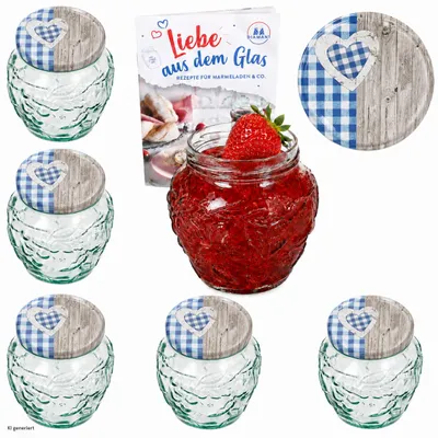 Produktbild von 6x Frutta Vaso Marmeladenglas 580ml Holz Herz blau Deckel TO82 Heft