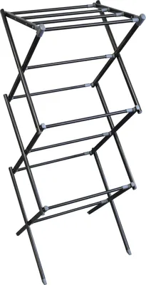 A black collapsible drying rack is shown against a white background.