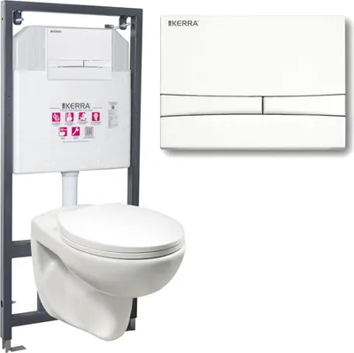 Immagine prodotto di Elemento da incasso Kerra K-50 SLIM con cassetta a parete senza bordo bianco lucido WC sospeso Doris con sedile WC soft-close e piastra di risciacquo bianco Adriatico