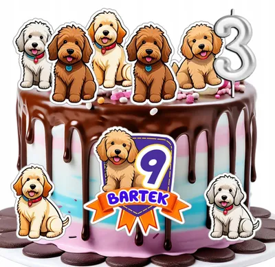 Zdjęcie produktu dla Opłatek Zestaw Urodzinowy Postacie Na Tort - Pies Rasa Goldendoodle + Imię
