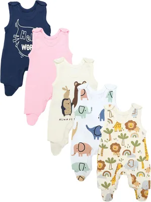 Produktbild von TupTam Unisex Baby Strampler mit Aufdruck 5er Set, Farbe: Safari_ HelloWorld_Elefant_Bär, Größe: 50