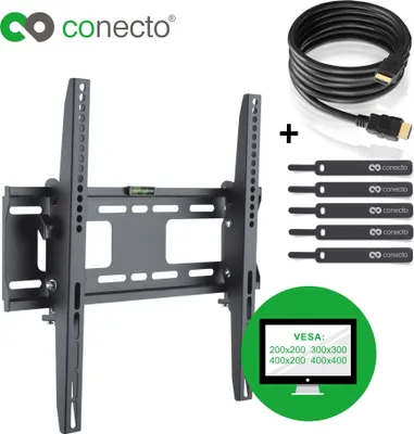 Produktbild von conecto CC50264 Wandhalterung für TV Geräte mit 66-132 cm (26-52 Zoll), neigbar: -10° bis 5°, Wandabstand: 56mm, Traglast: max. 75,0kg, VESA 400x400, schwarz, inkl. GRATIS HDMI-Kabel und Klett-Kabelbinder