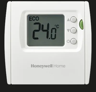 A white Honeywell Home thermostat is shown against a black background.