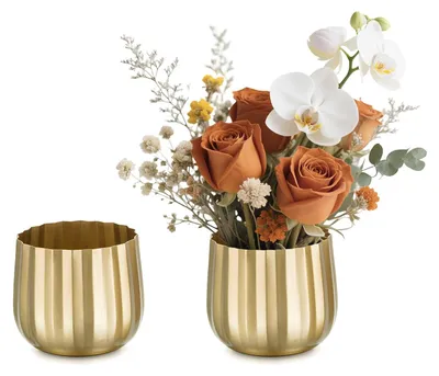 Goldene Vasen 2er-Set, 10 cm, gerippt, Metall, für Hochzeit & Deko