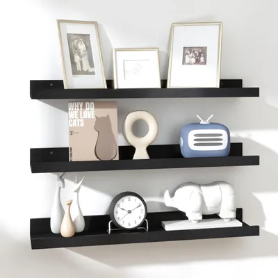 Image de Étagère murale noire, lot de 3 étagères pour photos, étagère suspendue en bois de 60 cm, étagère murale pour cadres et objets de décoration, salon, chambre d'enfant, chambre à coucher, cuisine, salle de bains