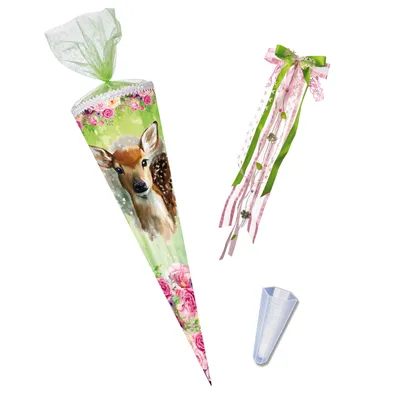 Produktbild von Nestler Schultüte Rehkitz, 85 cm 6-eckig mit Tüll, inkl. Schleife und Spitzenschutz
