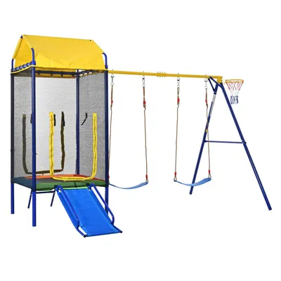 Produktbild von Multifunktionales Outdoor-Schaukel-Set,Kinder Spielturm Outdoor mit Trampolin,Rutsche,Outdoor Spielgerät,mit Sicherheitsnetz, Basketballkorb
