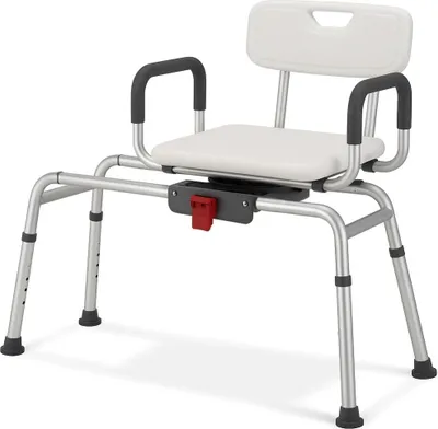 Produktbild von Badewannen- oder Dusch-Transferstuhl, Linomag®, verschiebbar, 360° drehbar, Rückenlehne, gepolsterte Armlehnen, höhenverstellbar, maximale Höhe 65 cm, mattweiß