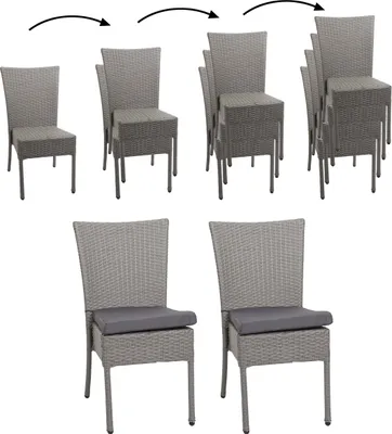 Image de lot de 2 chaises en poly rotin HWC-G19, chaise de balcon chaise de jardin, empilable ~ gris, coussin gris foncé