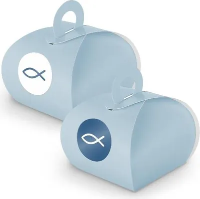 Produktbild von SET Fisch (Motiv 31) 24x Geschenkschachtel mit Griff hellblau + Sticker