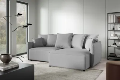 Produktbild von 3 Sitzer Ecksofa in L-Form ANTONIO MINI ABRIAMO, Ottomane rechts/links, Schlaffunktion & Bettkästen, Eckarniutur in Bouclé-Optic Hellgrau