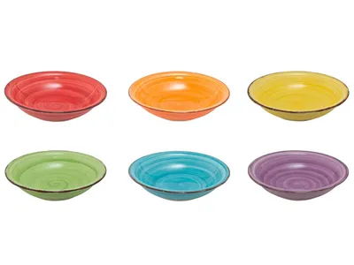 Six colorful bowls arranged in two rows of three against a white background.