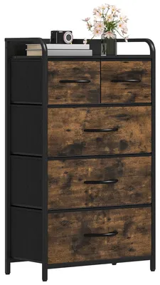 Imagen del producto de Cómoda de tela con 5 cajones y tapa de madera