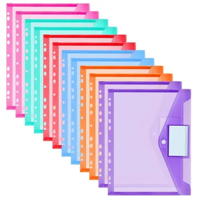 Produktbild von Dokumententaschen A4 12 Stück Transparent Druckknopf 11 Loch 6 Farben 12er Set