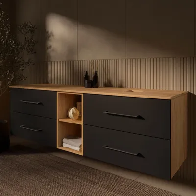Produktbild von Planetmöbel LUX Waschtischunterschrank 170 cm hängend ohne Aufsatz-Waschbecken Gold Eiche/Anthrazit