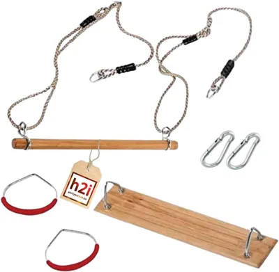 Produktbild von Holz-Schaukelset mit Trapezstange & Turnringen | Outdoor/Indoor Trainings- & Bewegungsgerät mit Seilen & Karabinern | Belastbares Schaukel- & Fitness-