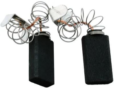 Two carbon brushes with springs and metal contacts, isolated on a white background.