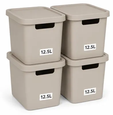 Produktbild von Plastard Aufbewahrungsbox mit Deckel 4er-Set 12,5 Liter in Beige, KI-generiertes Bild