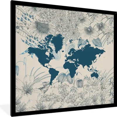 Produktbild von MuchoWow® MuchoWow® Gerahmtes Poster Weltkarte - Blume - Blau 40x40 cm - Poster mit zchwarzem Bilderrahmen - Mit Rahmen - Wanddekoration Schlafzimmer