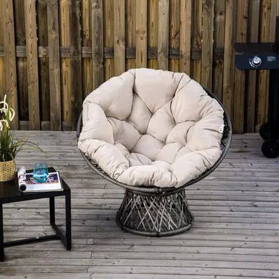Produktbild von Polyrattan Papasan Sessel 360° Drehbar – Wetterfest & UV-beständig Garten Lounge Sessel mit Dickem Kissen, Runder Outdoorsessel Creme