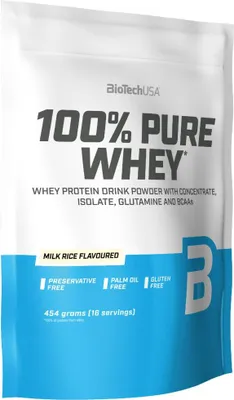 Image de BioTech USA 100% Pure Whey 454 g Boisson de riz / Protéine de lactosérum / Délicieuse protéine de lactosérum enrichie de bromealin et d'acides aminés supplémentaires