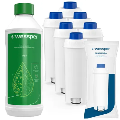 Obrázok produktu pre Sada Wessper: 6 filtrov AquaLunga na vodu + 500 ml odstraňovača vodného kameňa CleanMax pre kávovary DeLonghi