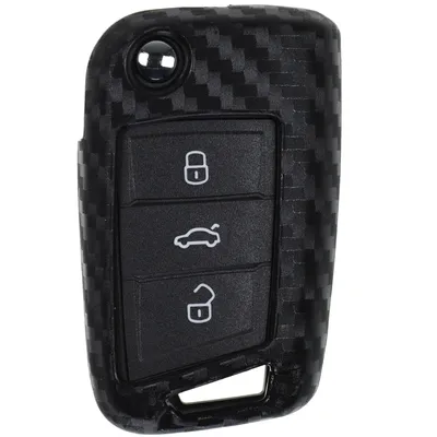 Produktbild von Auto Schlüssel Silikon Schutz Hülle im Carbon Look kompatibel mit VW POLO Golf Jetta Touran T-Roc Tiguan SEAT Ibiza Leon 5F SKODA Fabia Rapid Octavia Superb Karoq Klappschlüssel