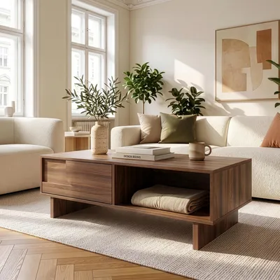 Produktbild von Couchtisch 'Katanshumn' mit Schublade und 2 Ablagefächern 110 x 55 x 39 cm rechteckig Walnussoptik