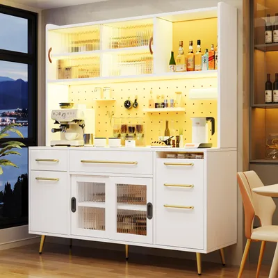 Produktbild von Flieks Modernes Sideboard mit LED-Beleuchtung, Aufbewahrungsschrank mit Lochwand, Schublade & Glastür, Hochschrank 145x39x171cm, Weiß