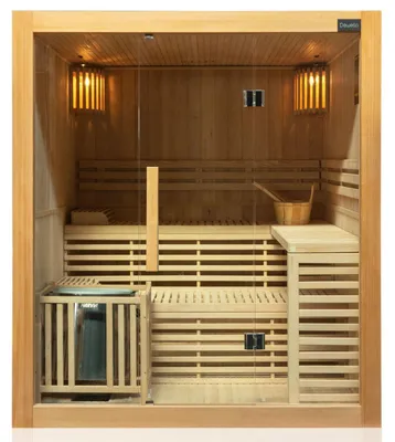 Zdjęcie produktu dla Sauna fińska Dewello, tradycyjny model SARNIA, o wymiarach 180 cm x 140 cm, w zestawie z piecem Harvia o mocy 6 kW oraz kompletnym wyposażeniem