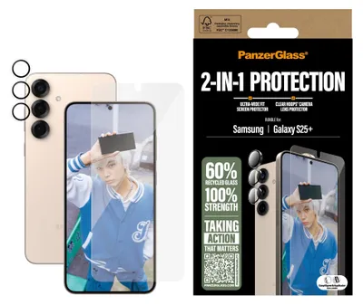 Obrázok produktu pre PanzerGlass ® 2-in-1 Protection Bundle Samsung Galaxy S25+, Samsung, Samsung - Galaxy S25+, Suché aplikovanie, Odolné proti poškriabaniu, Odolný proti nárazom, Priehľadná, 1 kusov