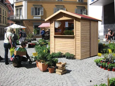 A wooden market stall is set up in an outdoor cobblestone area, surrounded by plants and people browsing.