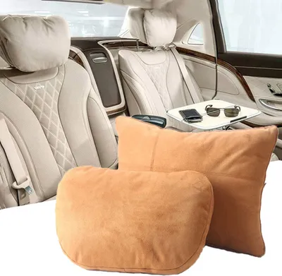 Produktbild von Kopfstütze Taille Kissen Set, Maybach Design S-Klasse Super Soft Auto Kopfstütze Kissen Lordosenstütze Fraud Suede Abdeckung PP Baumwolle Füllung Kissen(braun)