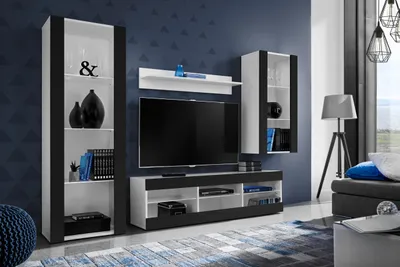 Produktbild von Komodee | Wohnwand mit TV-Schrank und Vitrine Tivoli Set Medio, Korpus Weiß Matt Frontfarbe Schwarz Matt, ohne LED
