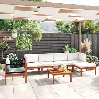 Image de Ensemble de jardin Lounge avec coussins en bois massif d'acacia Groupe de salle à manger d'extérieur