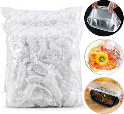 A collage of images showing disposable food covers in a bag and in use.