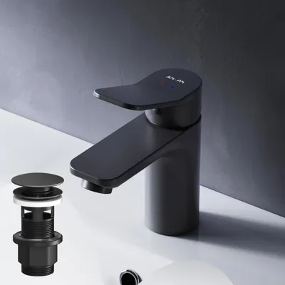 Productafbeelding van AM.PM Badarmatuur met pop-up afvoer voor wastafel, zwart. Wastafelkraan met afvoerset, 1 1/4 inch, messing. Ventilafvoer