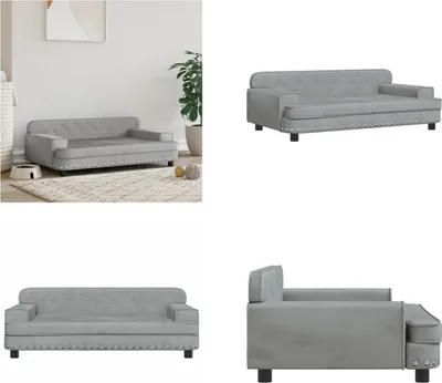 A collage of four images showing a light gray velvet pet sofa from different angles.
